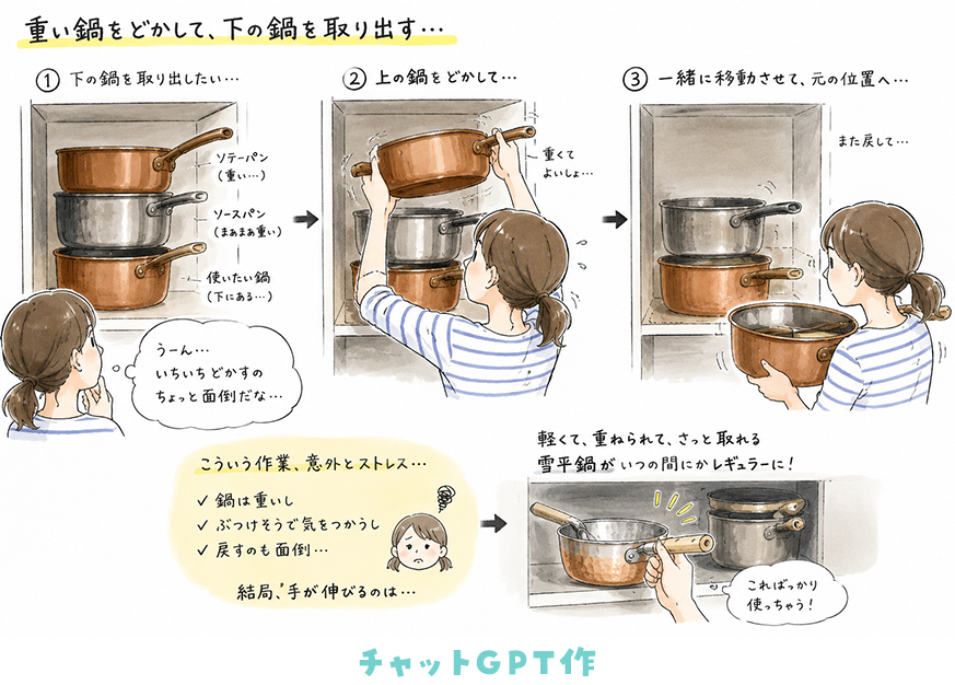 複数の鍋を入れ子で重ねて収納
